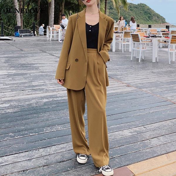 

junelove spring autumn pant suits for women office causal loose blazer high elastic wasit wide leg pants trousers sets women's two piec, White