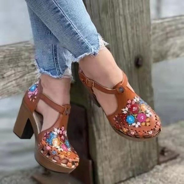 

sandals 2021 hollow out ladies footwear square heel printed buckle strap women casual outdoor beach female shoes, Black