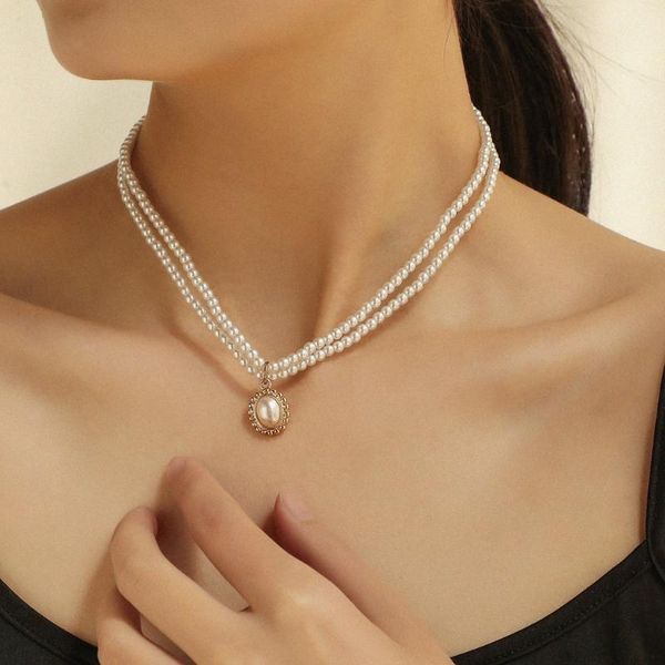 

pendant necklaces double layer pearl necklace for women choker wild fashion clavicle chain party female collar short jewelry, Silver