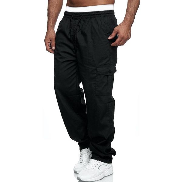 

men's pants cargo pockets men clothing streetwear fashion solid trousers elastic waist drawstring straight, Black