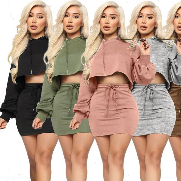 

women tracksuits autumn hooded skirt two piece set sweater mini dress tracksuit outfits clothing sets solid 5 color, Gray