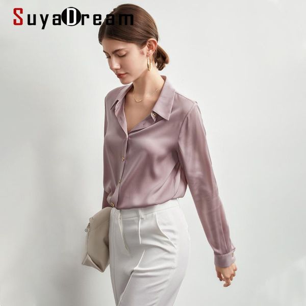 

women's blouses & shirts suyadream women silk shirt 92%silk satin long sleeves turn down collar solid blouse 2021 spring autumn office, White