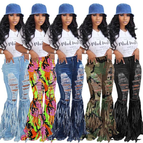 

women designers clothes 2021 tassel frosted denim shorts women's jeans casual flared pants, Blue
