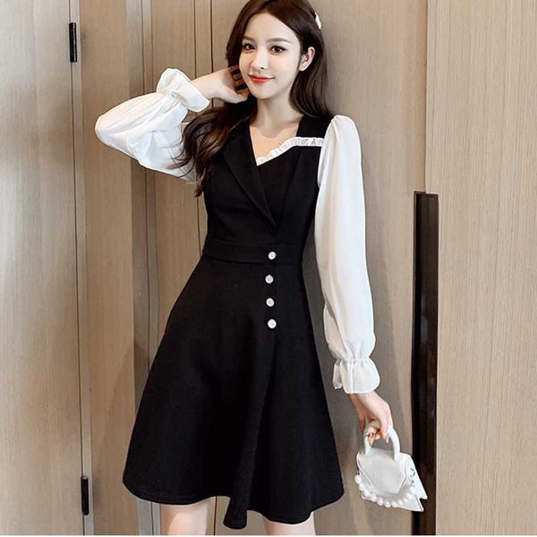 

spring women color block patchwork dresses elegant button slim long sleeve a line black ladies 210529, Black;gray