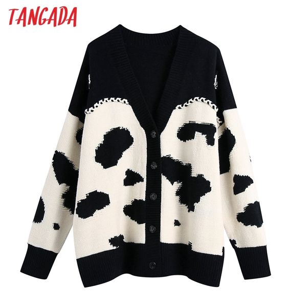 

women elegant animal pattern vintage jumper lady fashion oversized knitted cardigan coat be451 210416, White;black