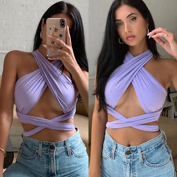 

women's t-shirt cross halter tube vest hollow purple, White