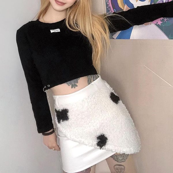 

skirts y2k animal print high waist bodycon patchwork mini skirt women casual asymmetric hem fuzzy fleece, Black