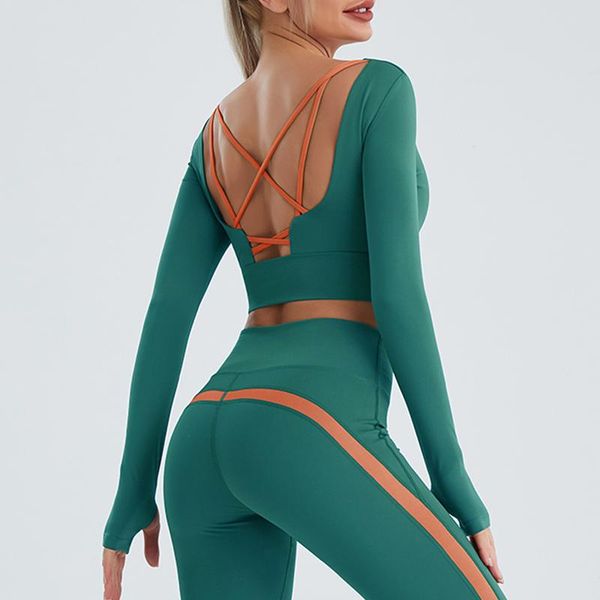 

yoga outfit criss cross back woman sports fitness shirt long sleeve crop with thumb hole anti-sweat t-shirts sportswear