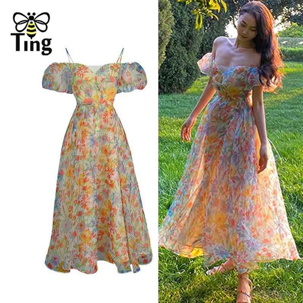 

designer chic vintage puff sleeve open back lace up summer boho dress painting aesthetic print goblincore elbise 210513, Black;gray