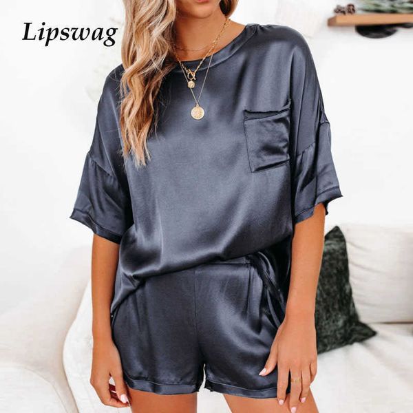 

new satin silk women 2 piece set homewear elegant o neck pullover and loose shorts home suit 2021 lady spring summer pajama p0810, Gray