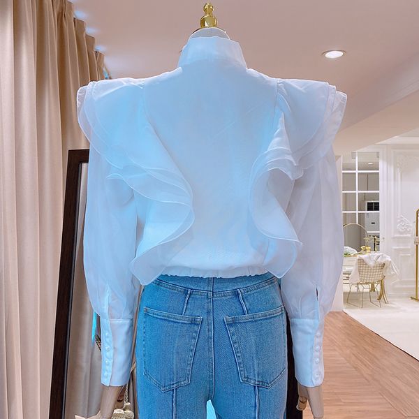 

ruffled zipper shirts womens short stand collar pleated blouse lantern sleeve blusas ladys 2021 spring simple fairy top, White