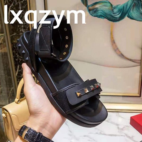 

sandals 2021 genuine leather women studded summer open toe buckle strap flats rivets shoes gladiator, Black