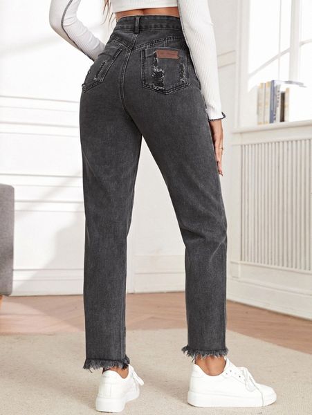 

high waist letter patch ripped raw hem mom jeans w0pz#, Blue