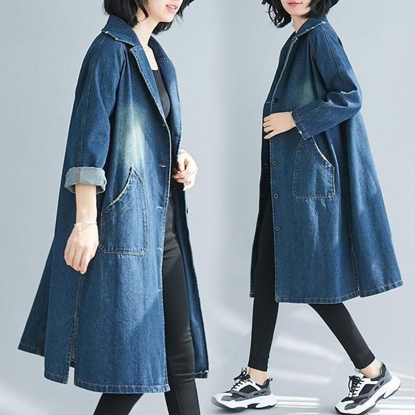 

women's trench coats autumn and winter korean denim windbreaker long loose casual washed white vintage split coat female jeans jaqueta, Tan;black