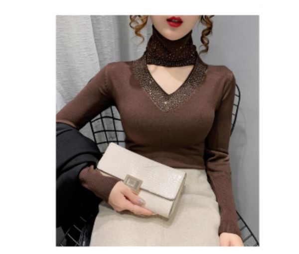 

women's turtleneck rhinestone patchwork hollow out cutout knitted long sleeve sweater shirt sweaters, White;black