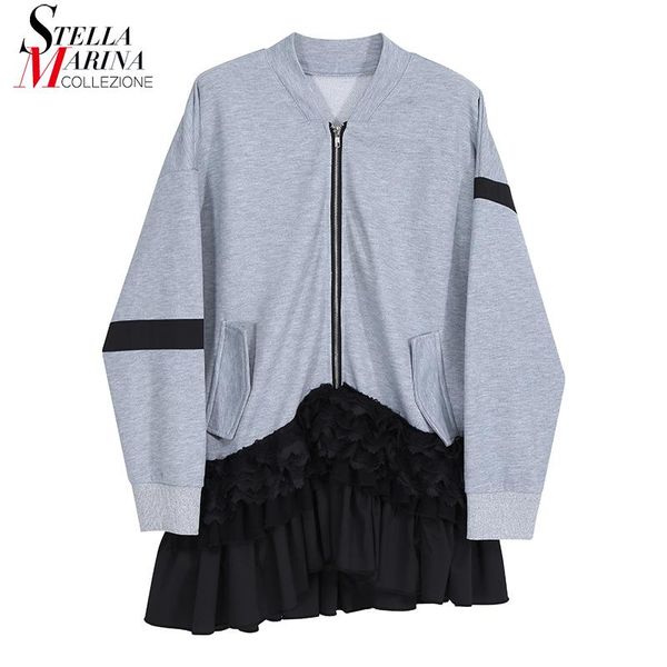 

long sleeve woman autumn gray blue patchwork big size jacket style zipper ruffles hem ladies unique 8186 women's jackets, Black;brown