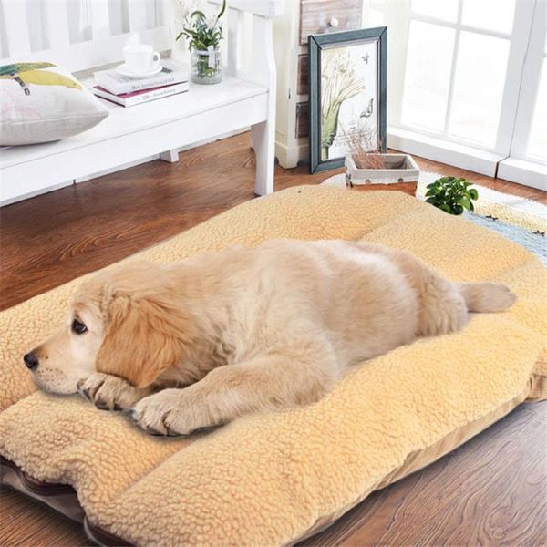

winter large dog bed soft lamb cashmere sofa mat warm pet puppy house khaki square plus thick beds kennels & pens