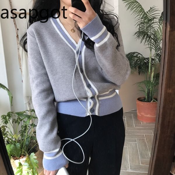 

spring casual korean color matching v-neck full striped sweater cardigan single breasted crop knitted harajuku slim 210429, White