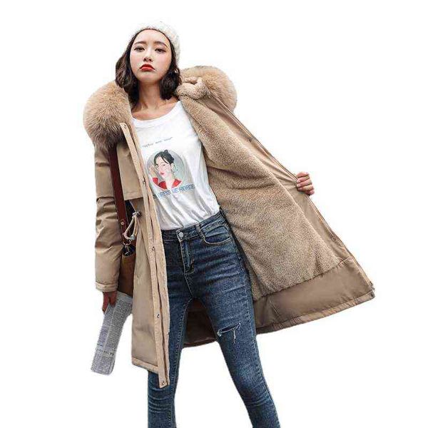 

winter women adjustable waist cotton jacket casual loose fur collar hooded long parka coat 211130, Black
