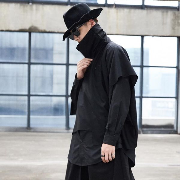 

men's vests stage clothing men loose turtleneck sleeveless vest shawl cape male streetwear hip hop punk gothic irregular pullover jacke, Black;white