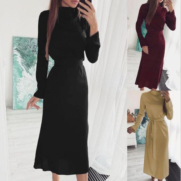 

casual dresses elegant lady turtleneck lace-up dress streetwear office, Black;gray