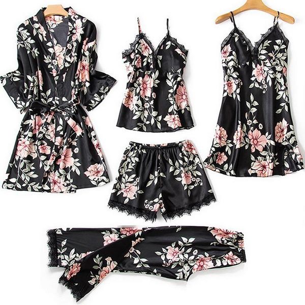 

5 pcs set lace womens sleepwears floral pajamas suit satin pyjamas nightwear kimono robe soft homewear sleepwear plus size, Black;red