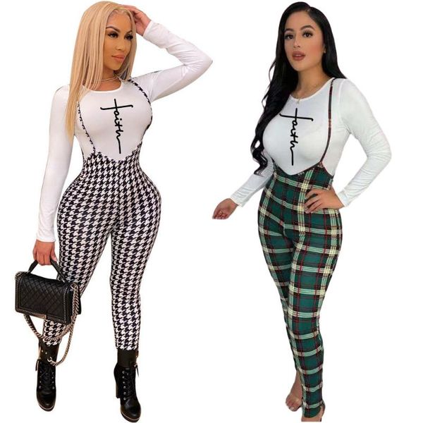 

women's two piece pants suit letter print long sleeve & houndstooth suspender jumpsuit trouser suits tracksuit, White