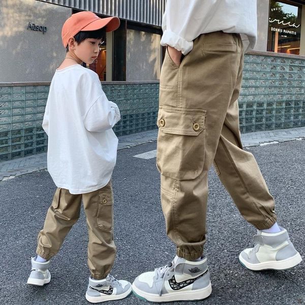 

trousers autumn 2021 fashion teenager cargo pants boy multi-pocket slacks kid solid color sweatpants children loose bloomers, Blue
