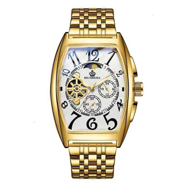 

nieuwe mannen mechanische horloge mode mult-functionele moon-fase tonneau roestvrij stalen gift box gratis ship, Slivery;brown