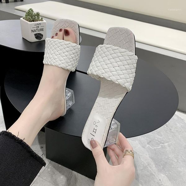 

slippers 2021 summer women shoes clear transparent square high heels casual woman slides mules solid ladies1, Black