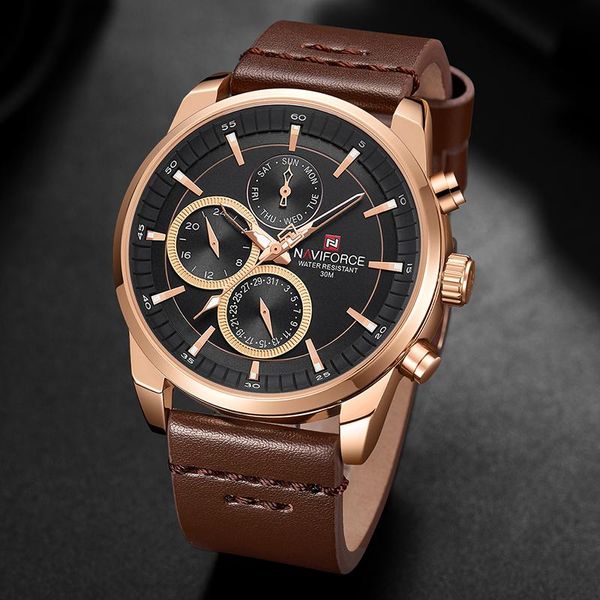 

wristwatches naviforce brand luxury leather strap men watches rose gold big dial analog quartz wrist 24 hour date week male clock, Slivery;brown