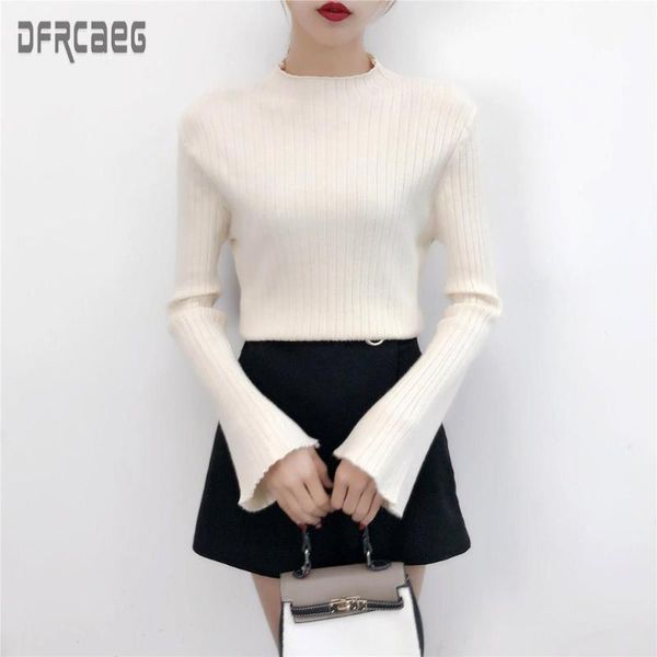 

women's sweaters 2021 autumn pullovers side split women woolen sweater black half turtleneck office lady wool flare sleeve, White;black