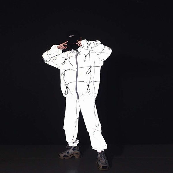 

hip hop functional jacket reflective men's extra loose fluorescent coat night light windbreaker, Black;brown