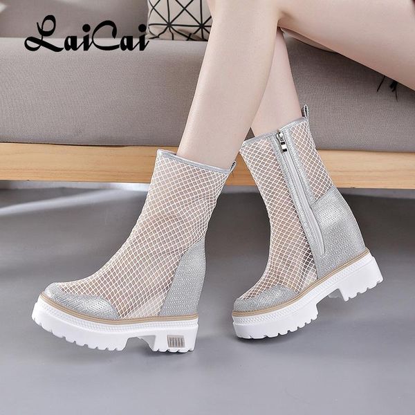 

women's shoes spring fashion closed toe sandal boot thick bottom height increasing insole slimming mesh shoe skinny boots, Black