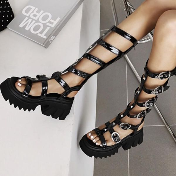 

fanyuan gladiator rivets women's sandals black wedge platform buckle high heels party wedding dress shoes