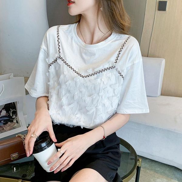 

women's blouses & shirts chic camis decoration patchwork design fake two piece tshirts fashion solid tee elegant all-match female 2021, White