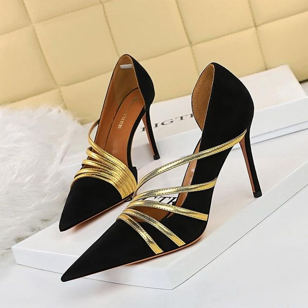 

dress shoes suede shallow womans high heels golden narrow band super (8cm-up) pointed toe for women autumn, Black