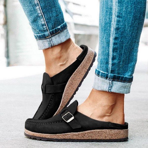 

slippers summer women flats shoes mules casual office slip on loafers fashion buckle candy color flat sandals ladies, Black