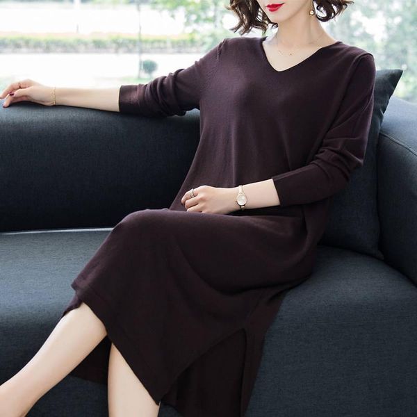 

casual dresses 2021 spring autumn women plus size solid v neck knitting loose long sleeves mid-calf dress robe vestidos g100, Black;gray