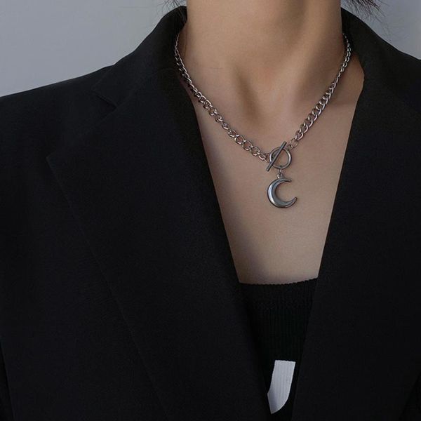 

pendant necklaces harajuku goth punk stainless steel moon necklace hip hop retro thick chain for women girl aesthetic accessory jewelry, Silver