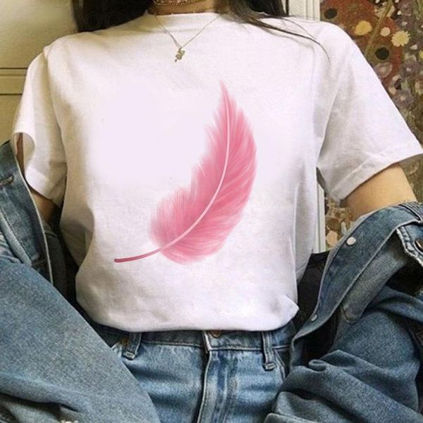 

feather theme printed t shirt women 90s graphic t-shirt harajuku tee cute short sleeve animal tshirt female tshirts women's, White