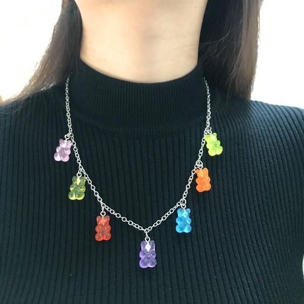 

pendant necklaces 7 colors rainbow cute jelly bear gummy for women girls cool punk girl hip hop resin women's accessories, Silver