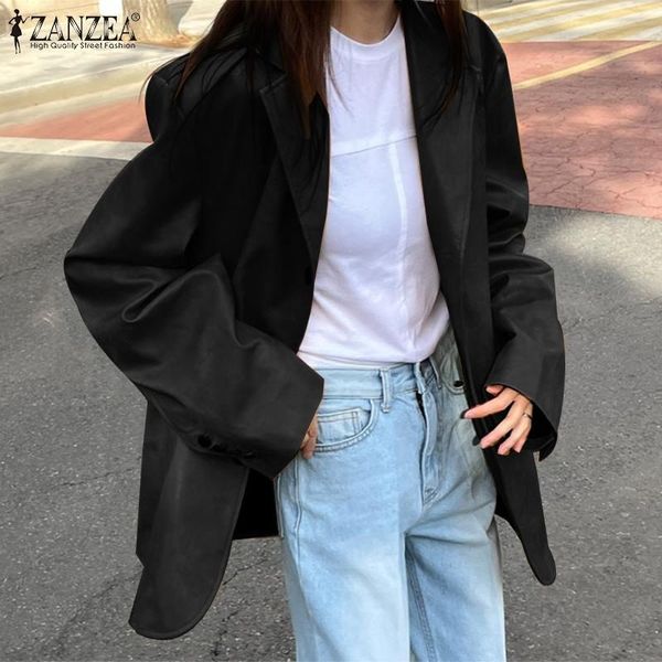

women's suits & blazers 2022 autumn women full sleeve coat fashion casual faux leather coats office lady pu outwear solid loose ovesi, White;black