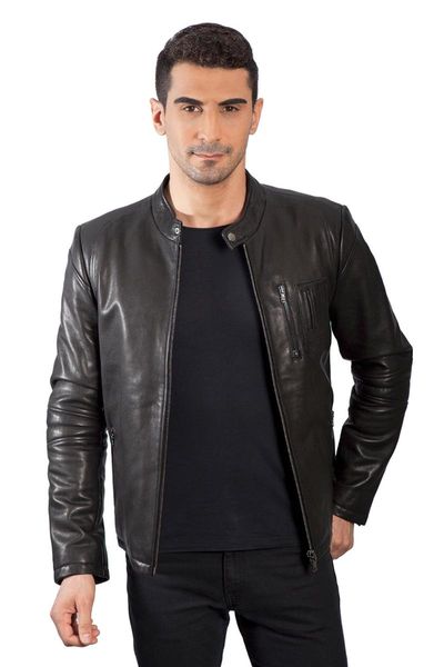 

real leather men's winter autumn black zipper jacket & faux
