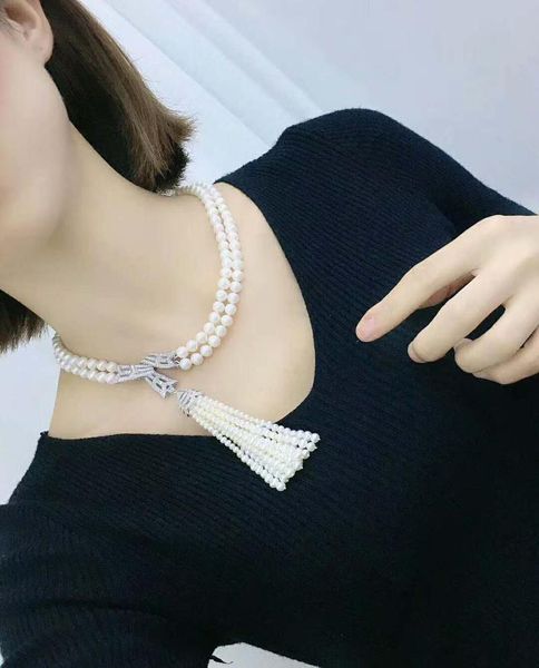 

chains hand knotted noble 7-8mm white freshwater pearl micro inlay zircon accessories tassels necklace adjustable extension chain, Silver