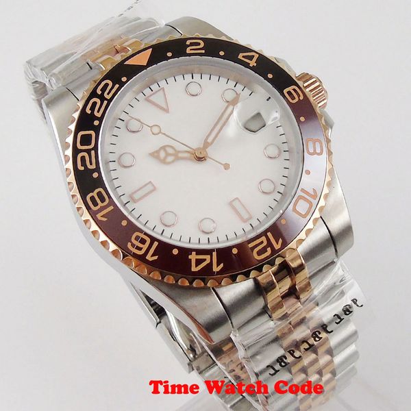 

rose golden nh35/miyota8215 saffier gentlemen automatic watch date cyclops white dial lume jubilee tape ceramic bell 40mm, Slivery;brown