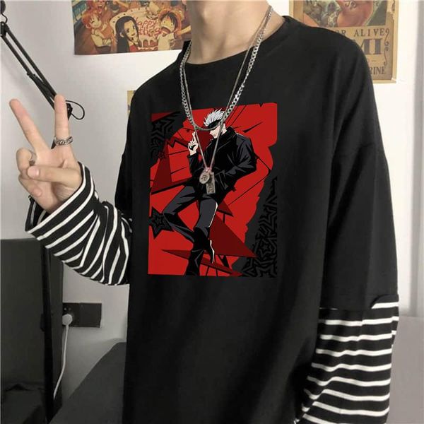 

men's t-shirts jujutsu kaisen gojo satoru harajuku japan anime t-shirt korean fashion oversized summer fake two piece long sleeve stree, White;black