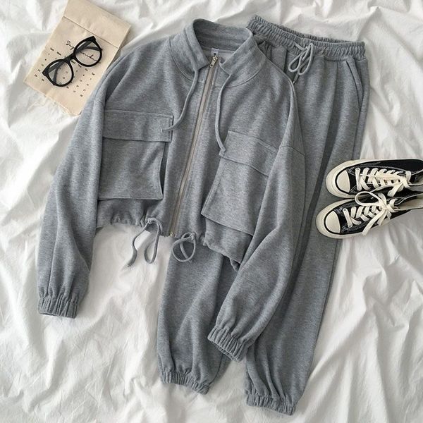 

two piece set sportswear women 2021 spring and autumn ins loose fashion lace-up 2 piece set korean zipper long pant women, White