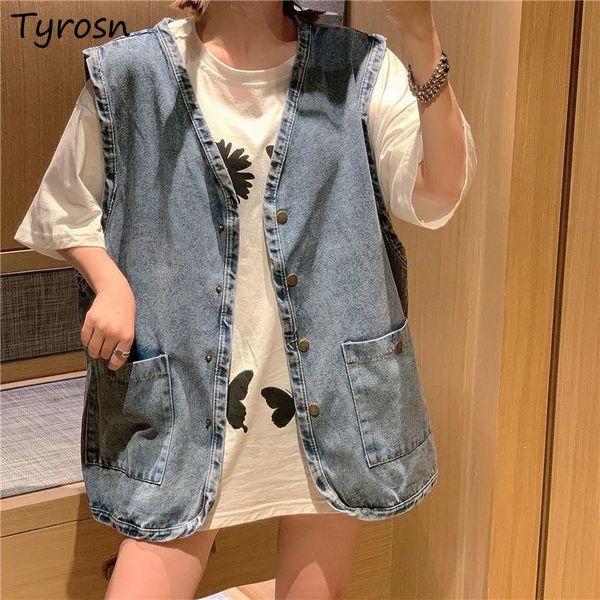 

women's vests women single breasted solid v-neck bf retro denim japan style students streetwear daily oversize harajuku ulzzang fashion, Black;white