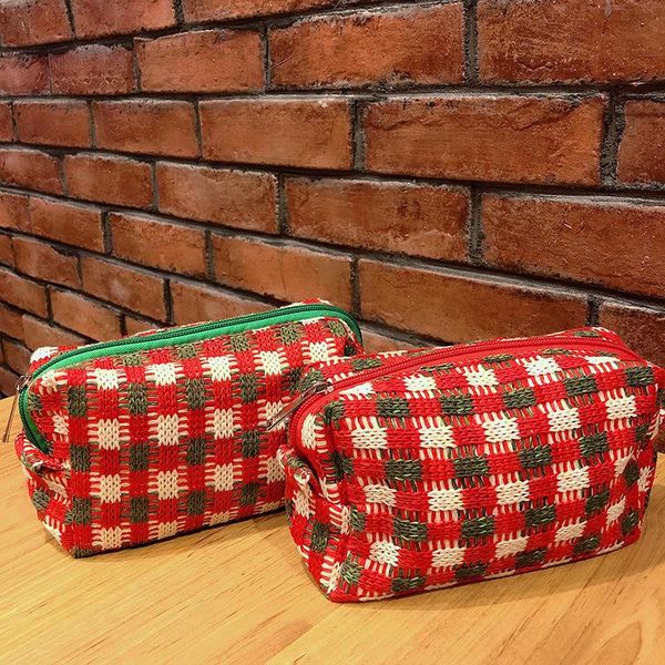 

cosmetic bags & cases retro knitted bag plaid portable makeup girls pencil case travel wash organizer storage box christmas pocket
